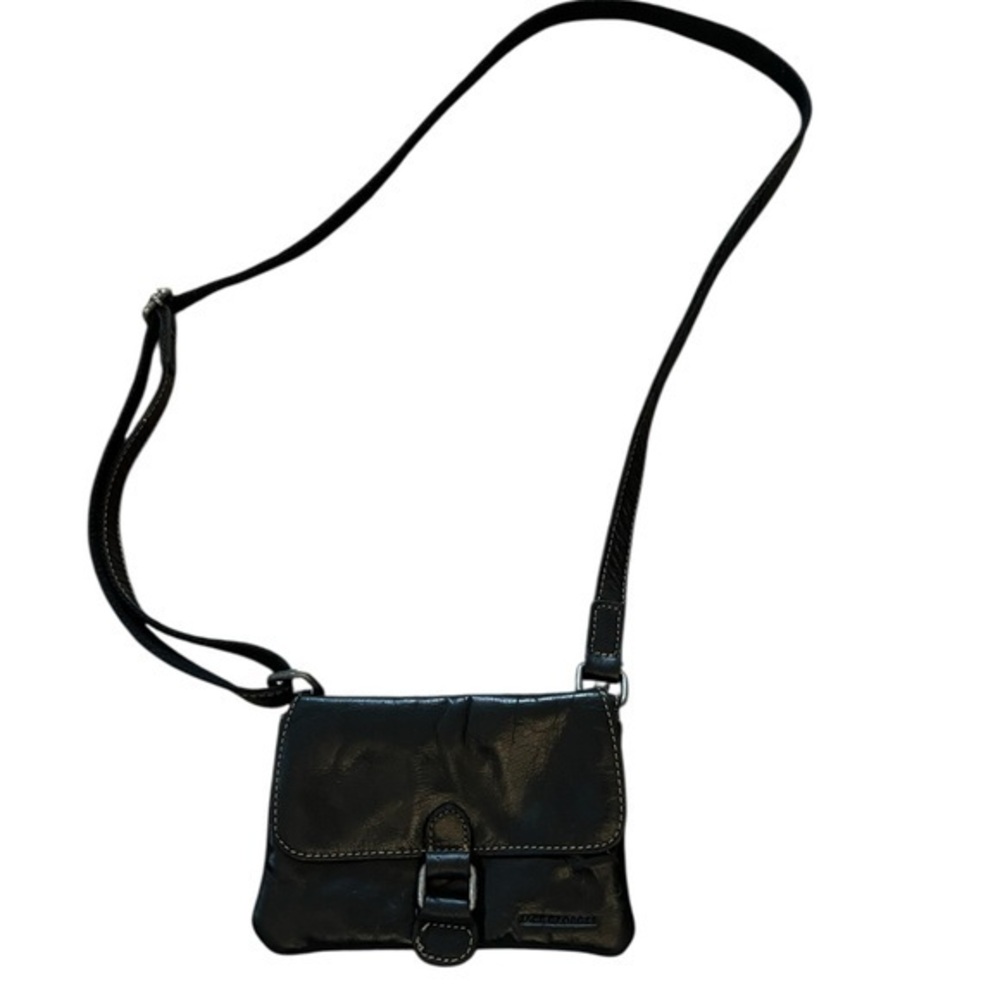 JACK GEORGES “Voyager” Distressed Black Leather Compact Crossbody Bag, EUC